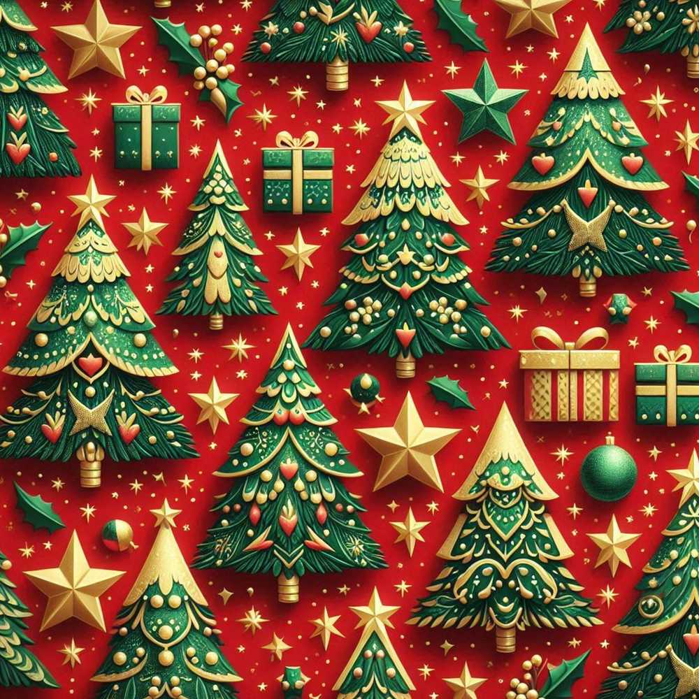 Festive Christmas Trees with Gifts Stars and Ornaments on Red