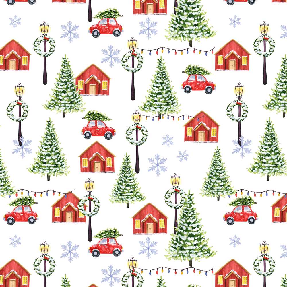 Winter Village with Red Houses Cars and Snowy Trees