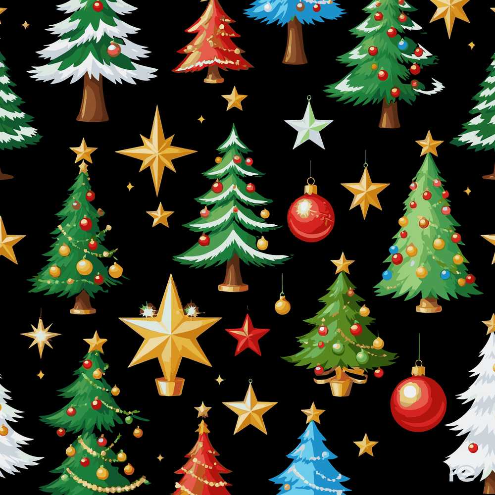 Christmas Trees with Golden Stars and Ornaments on Black Background