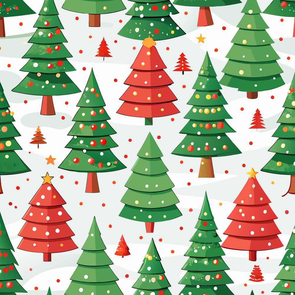 Modern Christmas Trees in Red and Green Winter Scene