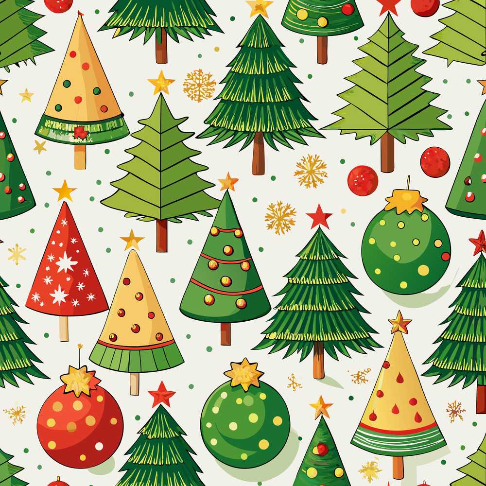 Stylized Christmas Trees with Baubles and Ornaments Cute