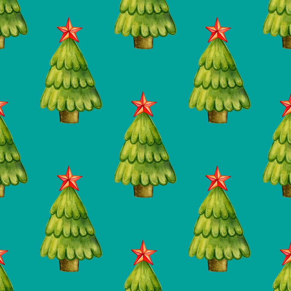 Watercolor Christmas Trees with Red Star on Teal Background