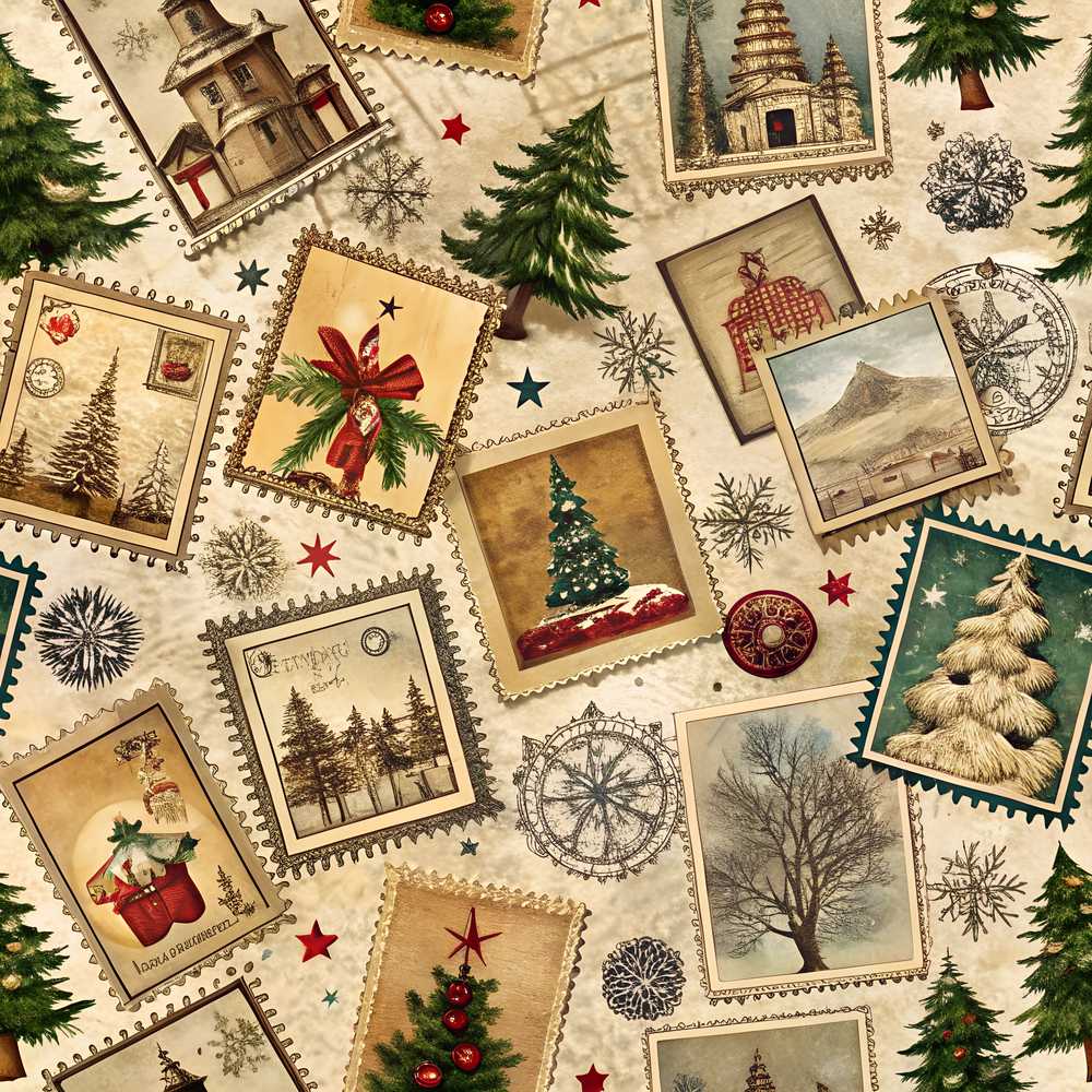 Vintage Christmas Stamps with Trees Snowflakes and Festive Scenes