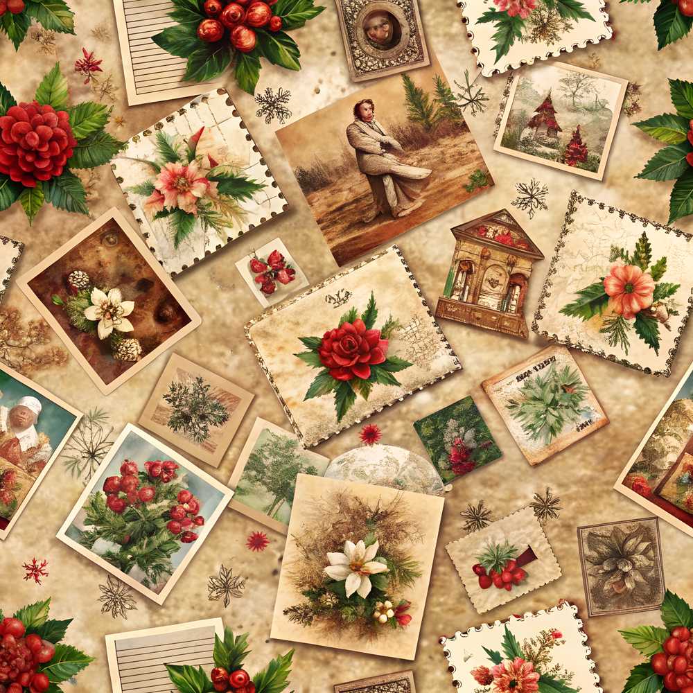 Antique Christmas Collage with Floral Cards and Holiday Decorations
