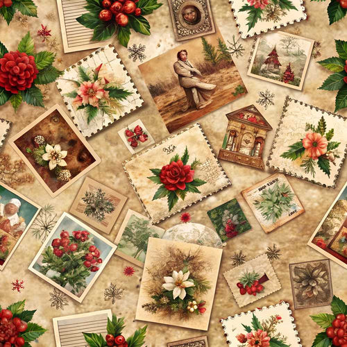 Antique Christmas Collage with Floral Cards and Holiday Decorations
