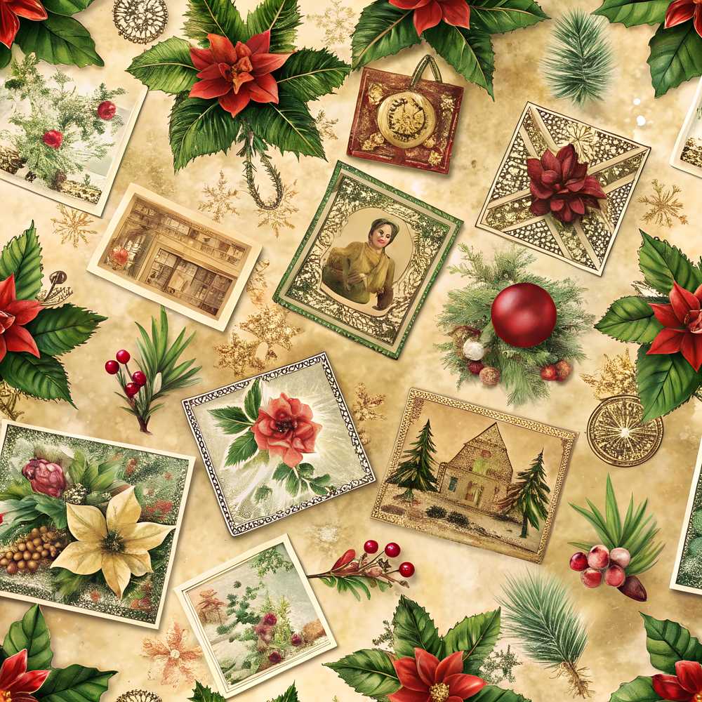 Classic Christmas Botanical Elements with Holly Berries and Flowers