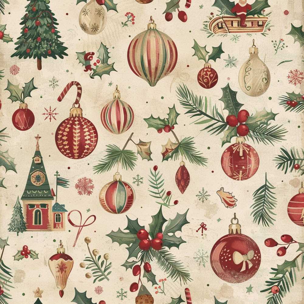 Vintage Christmas Baubles Holly Leaves Pine Branches and Festive Ornaments