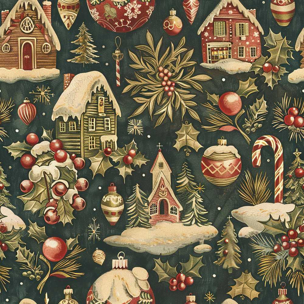 Dark Vintage Christmas Village Houses Snowy Scene and Ornaments