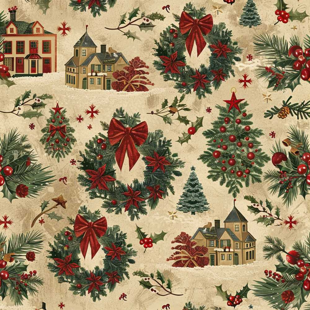 Vintage Christmas Wreaths Bows Houses and Festive Holiday Elements