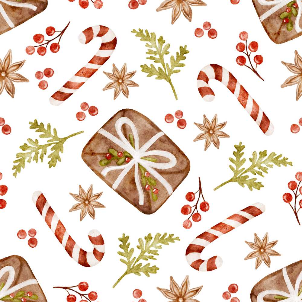 Watercolor Candy Canes Gift Box Berries and Winter Botanical Elements