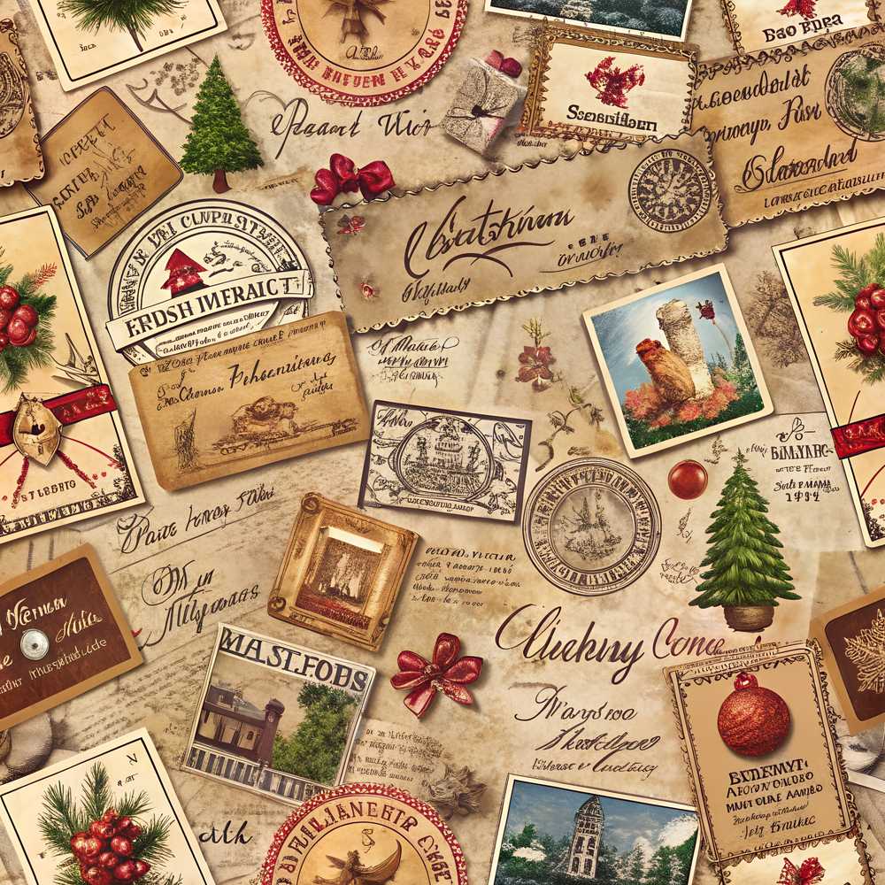 Vintage Christmas Ephemera Postcards Stamps Script Letters and Holiday Collage