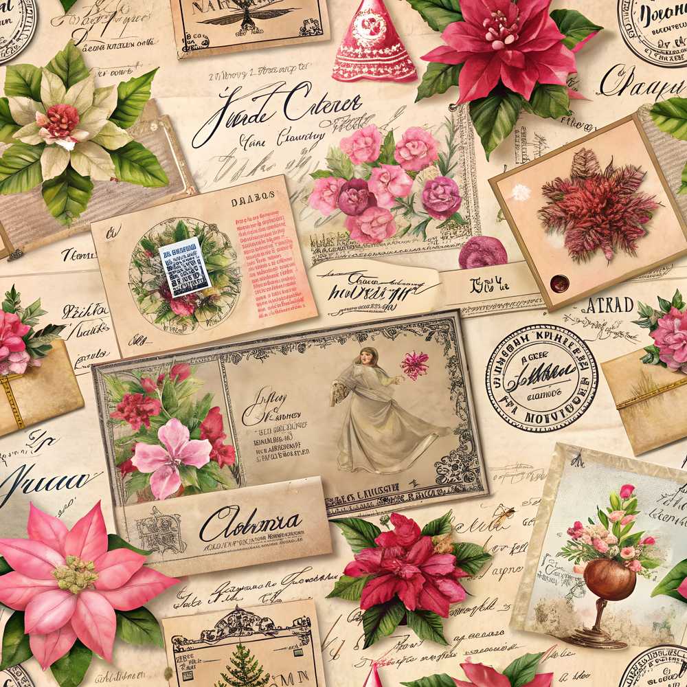 Vintage Floral Christmas Cards Poinsettia Roses and Antique Paper Collage