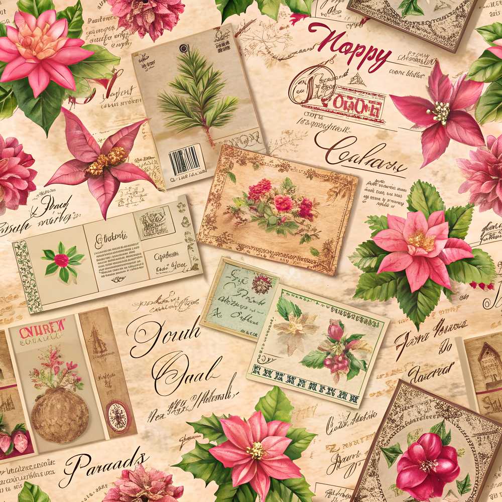 Elegant Vintage Christmas Postcards Botanical Florals and Script Collage