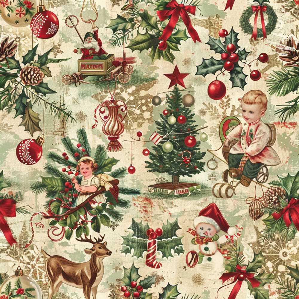 Vintage Christmas Children Santa Tree Ornaments Holly Festive Collage