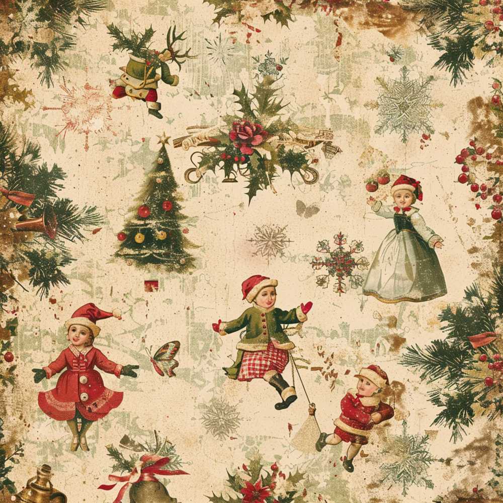 Victorian Style Christmas Children Tree Holly and Festive Holiday Elements