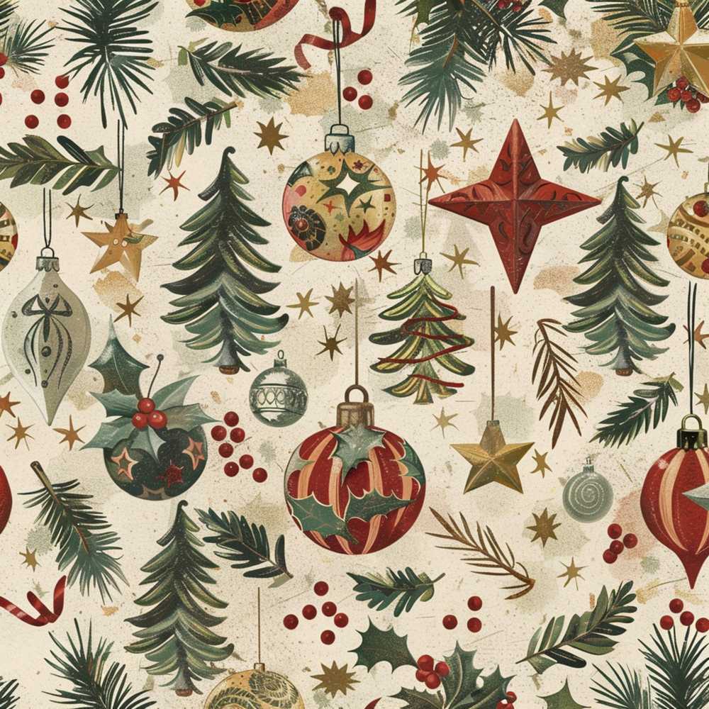 Classic Christmas Ornaments Pine Branches Stars and Festive Baubles