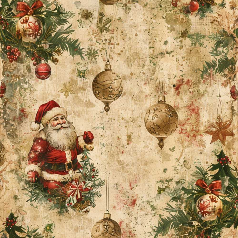 Rustic Santa Claus Christmas Pine Branches Baubles Vintage Holiday