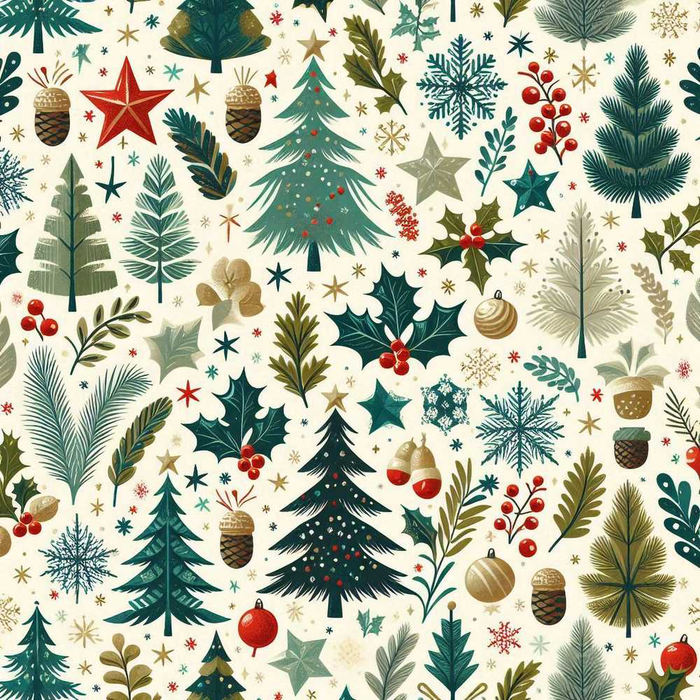 Modern Christmas Trees Holly Leaves Snowflakes Winter Wildflower Pattern