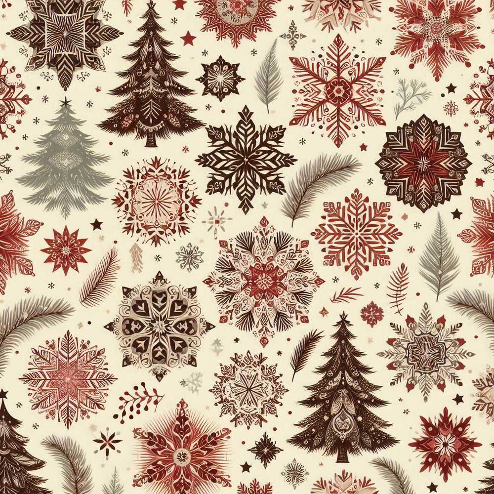 Elegant Snowflake Winter Pine Trees Red Neutral Seamless