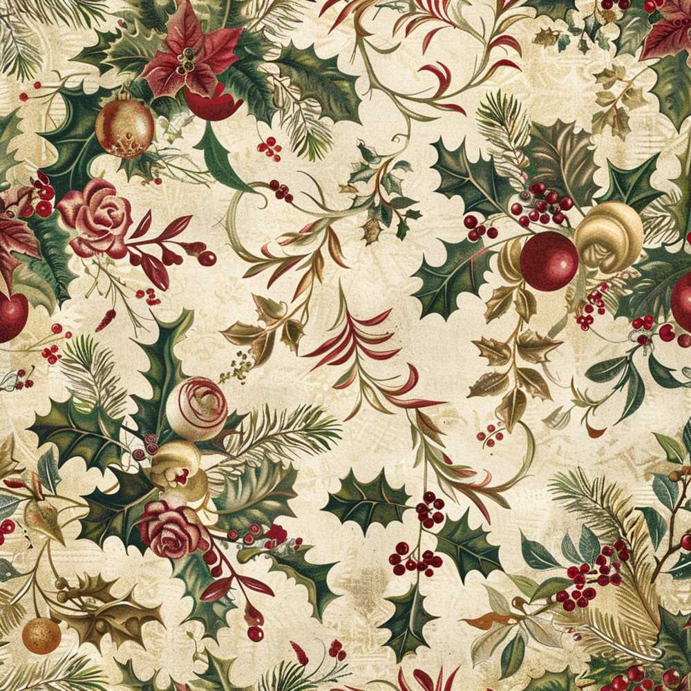 Classic Christmas Floral Holly Berries Pine Leaves Vintage Wildflower