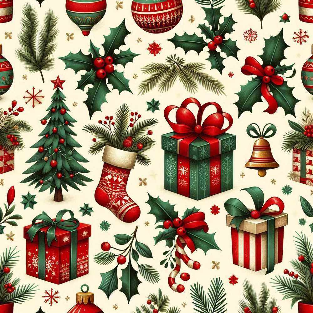 Festive Christmas Gifts Stockings Holly Leaves Bells Wildflower Pattern