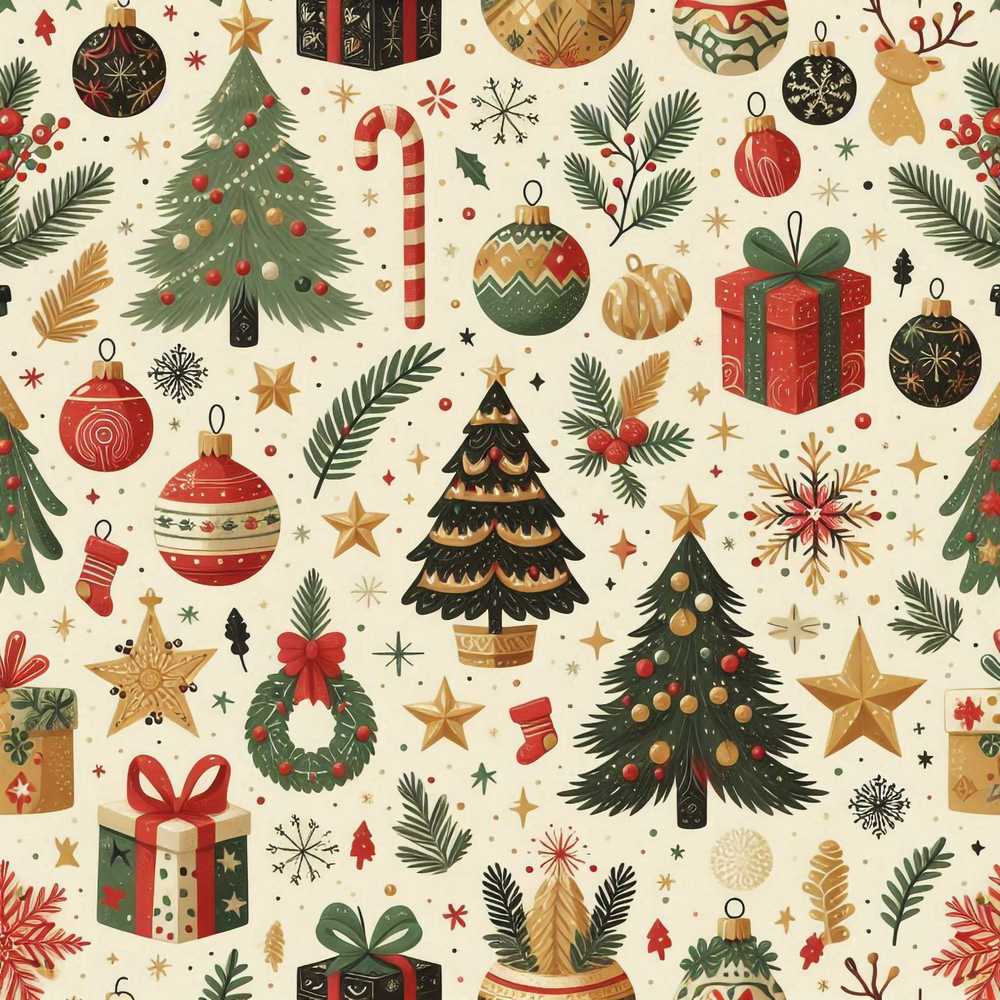 Vintage Christmas Trees Gifts Baubles Candy Cane Festive