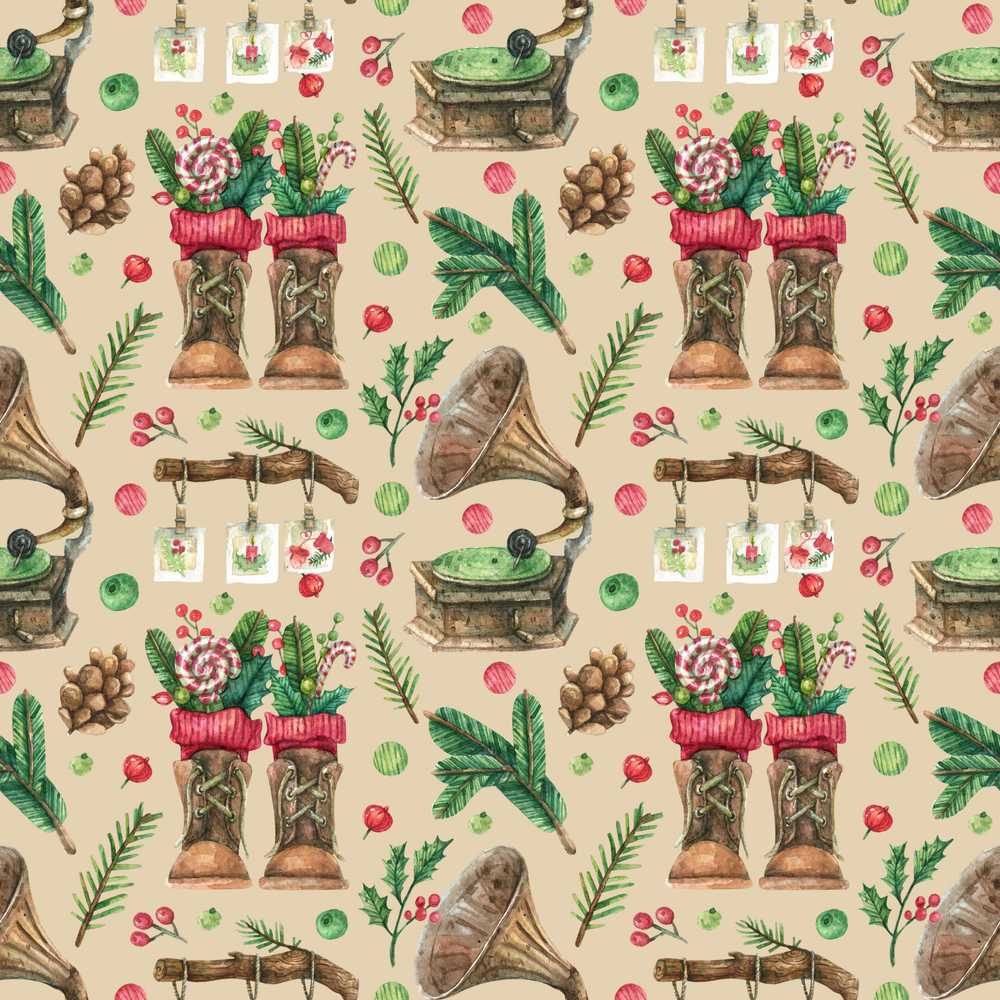 Vintage Christmas Boots Candy Cane Gramophone Pinecone Festive