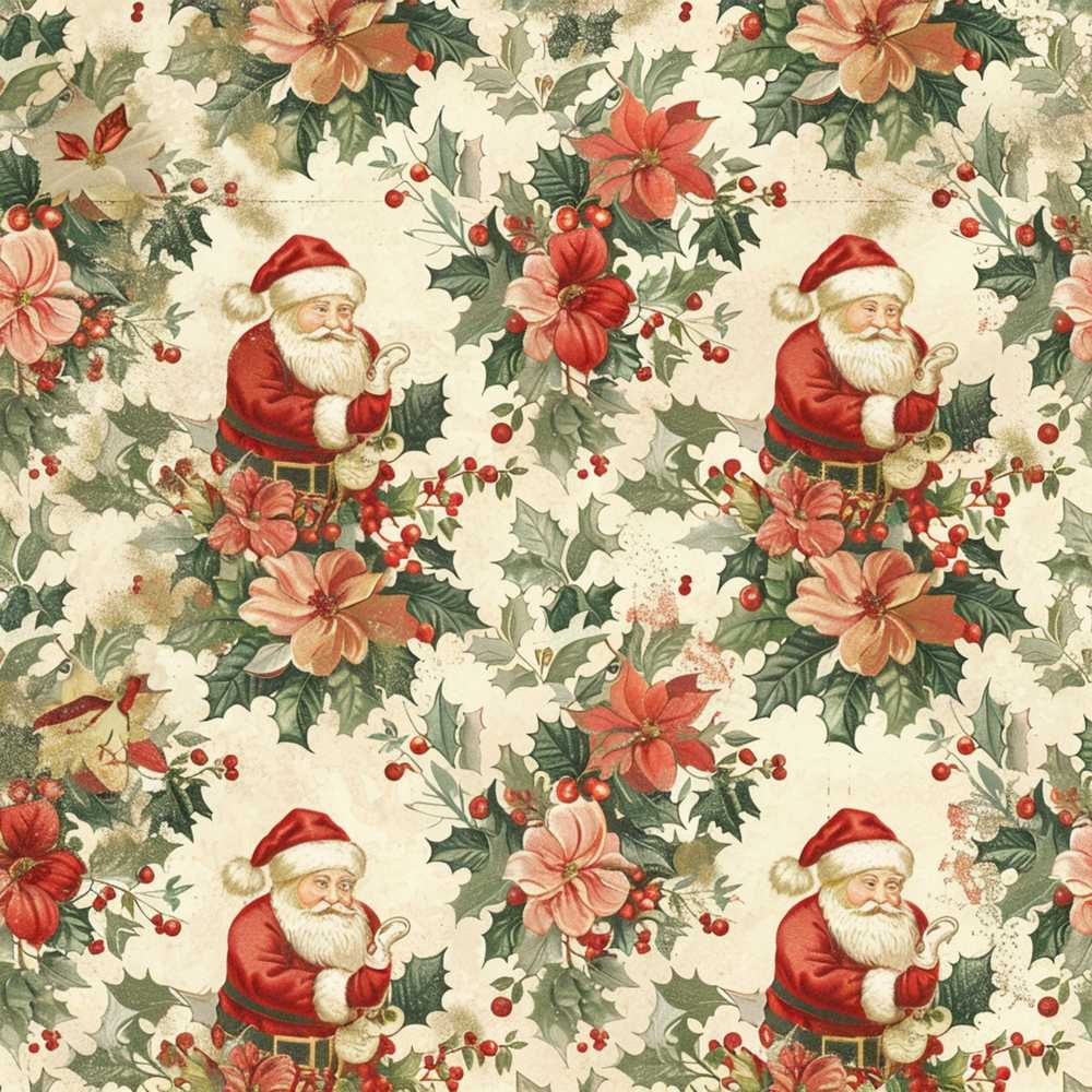 Vintage Santa Claus Holly Leaves Floral Christmas Wildflower Pattern