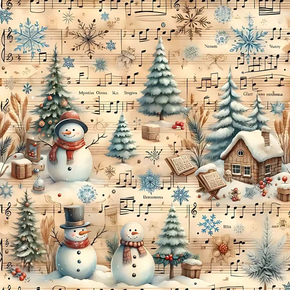 Winter Snowman Christmas Trees Music Notes Festive Holiday