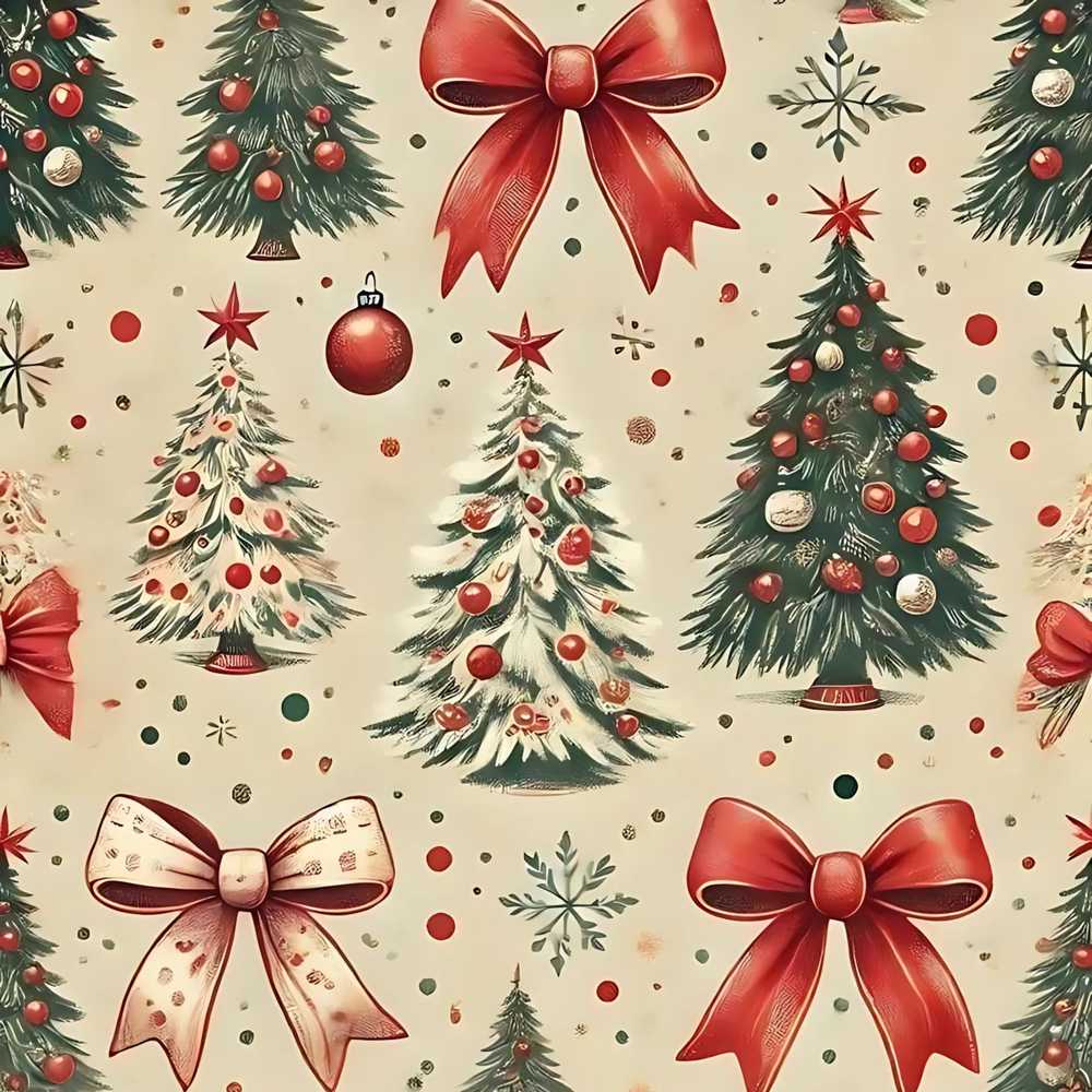 Vintage Christmas Trees Red Bows Ornaments Festive Holiday