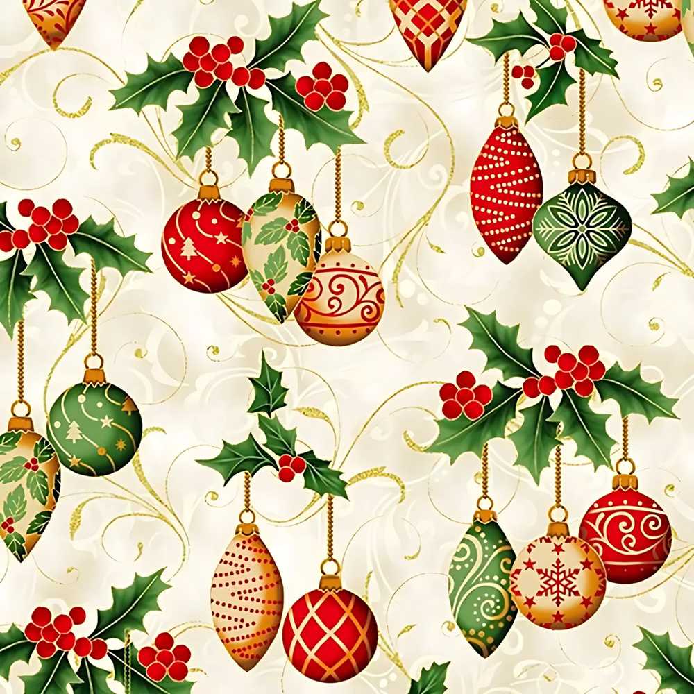 Elegant Holly Leaves Red Green Baubles Wildflower Pattern Botanical