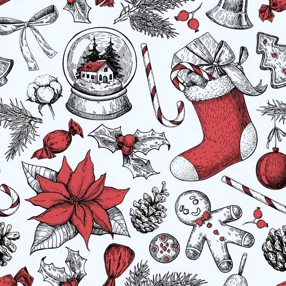Vintage Christmas Sketch Stocking Candy Cane Festive Holiday