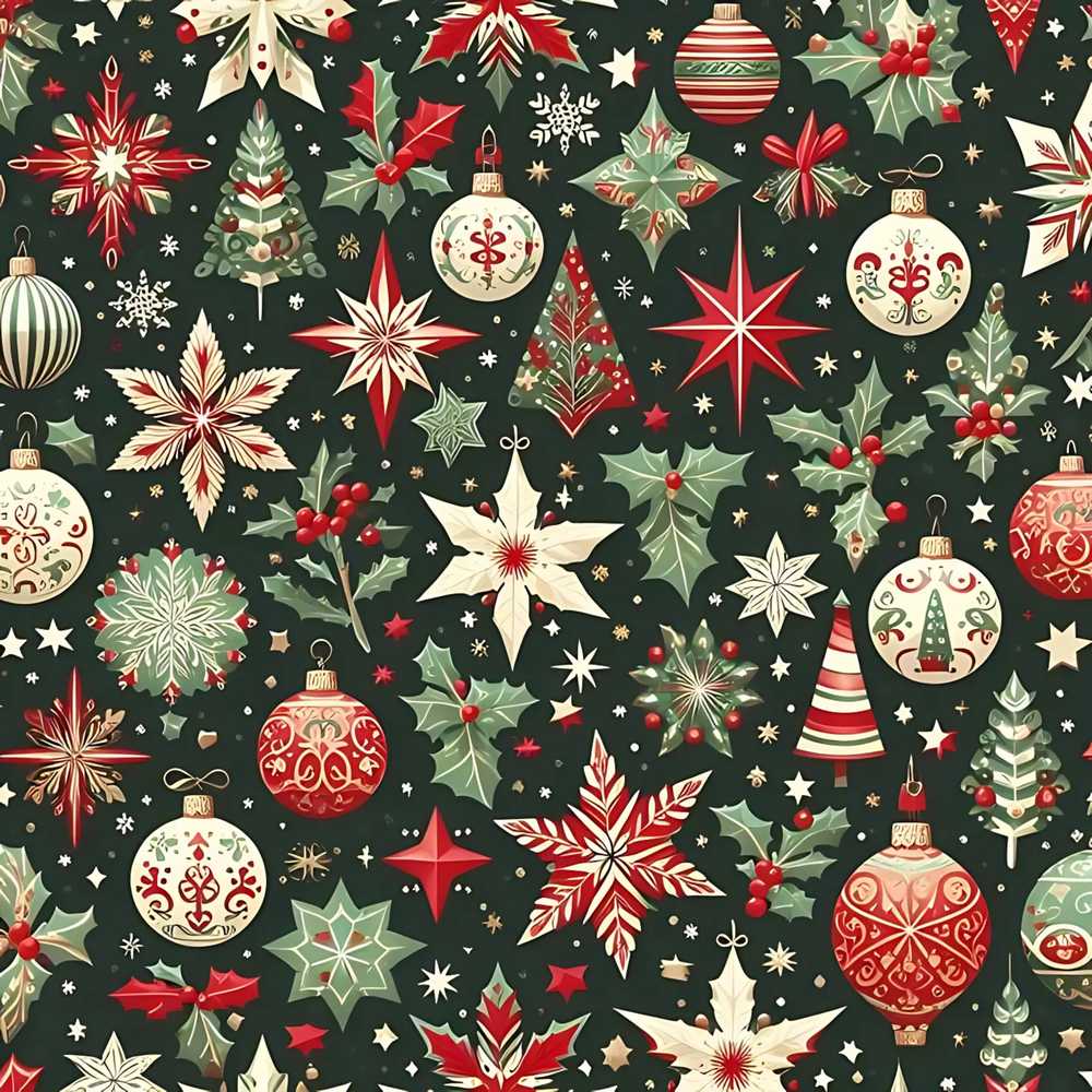 Festive Christmas Stars Holly Leaves Baubles Wildflower Pattern Botanical