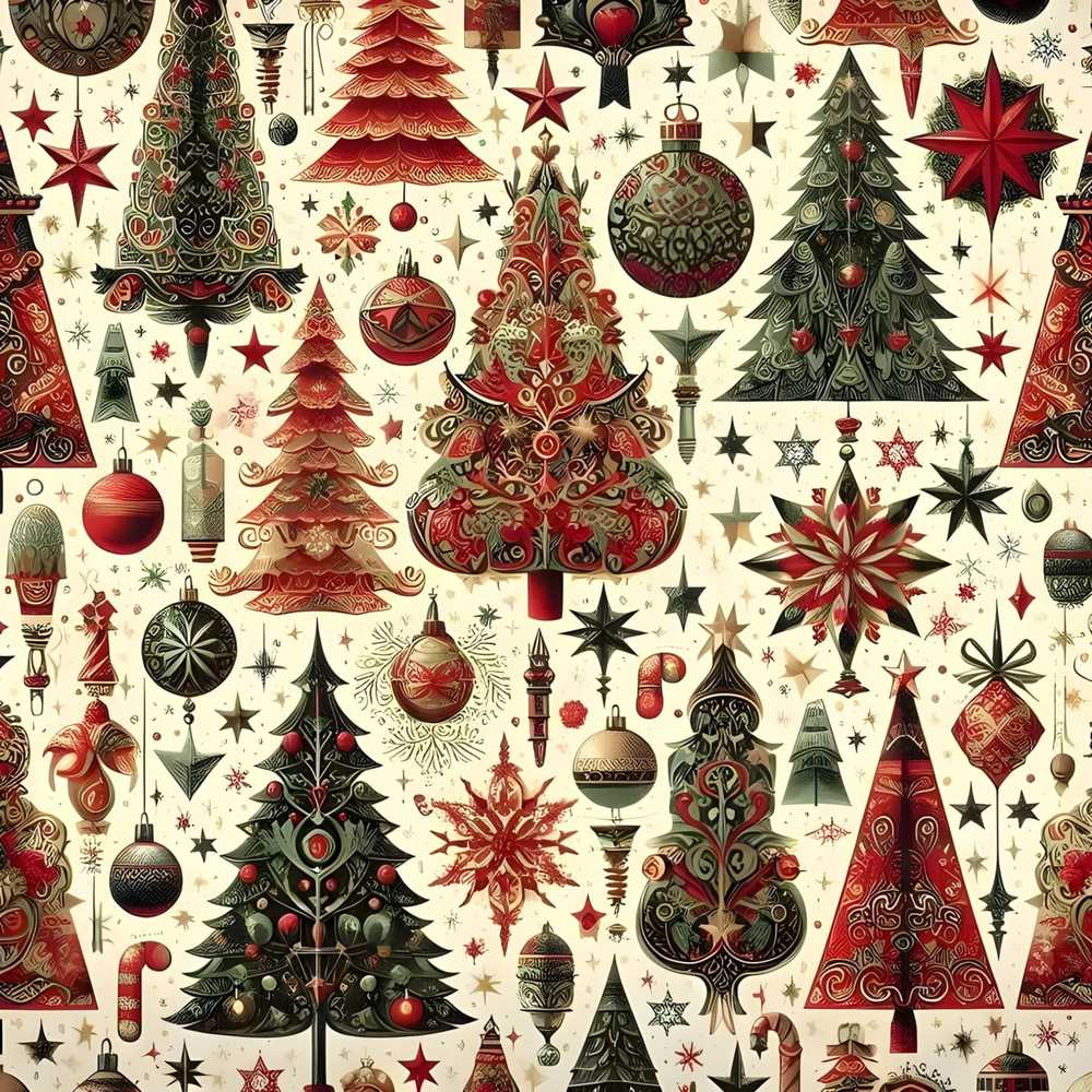 Ornate Christmas Trees Baubles Stars Vintage Festive Holiday