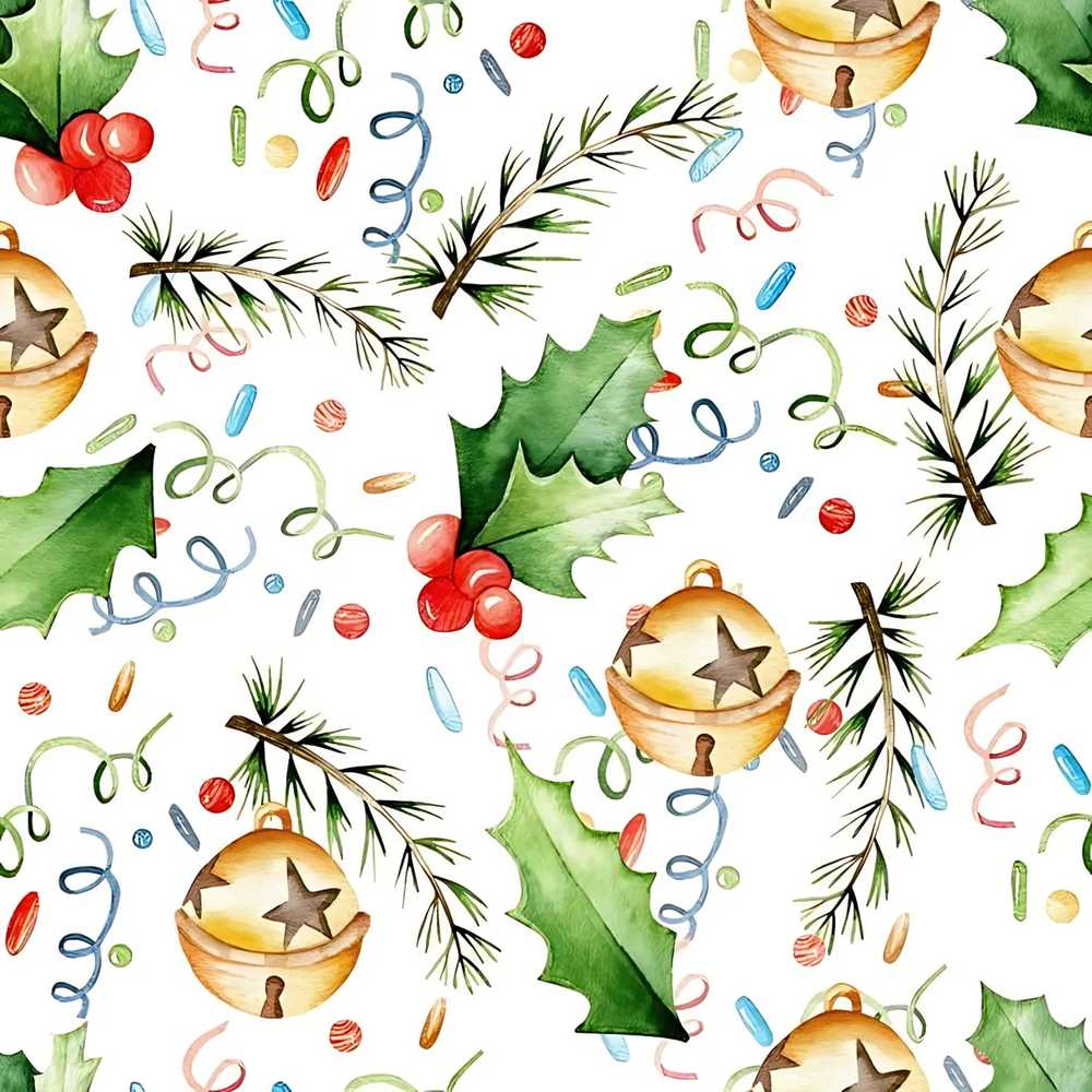 Festive Holly Leaves Bells Pine Branch Confetti Wildflower Pattern