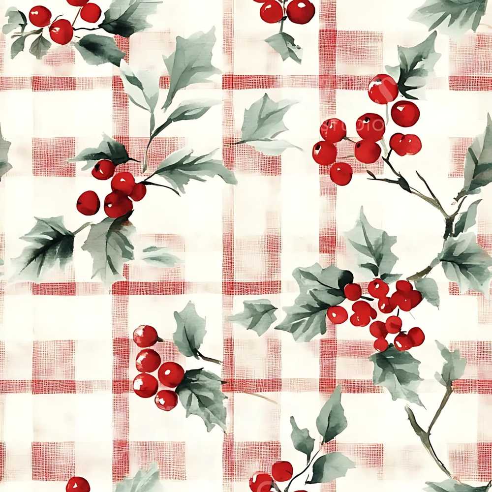Watercolor Holly Berry Plaid Background Festive Holiday Seasonal
