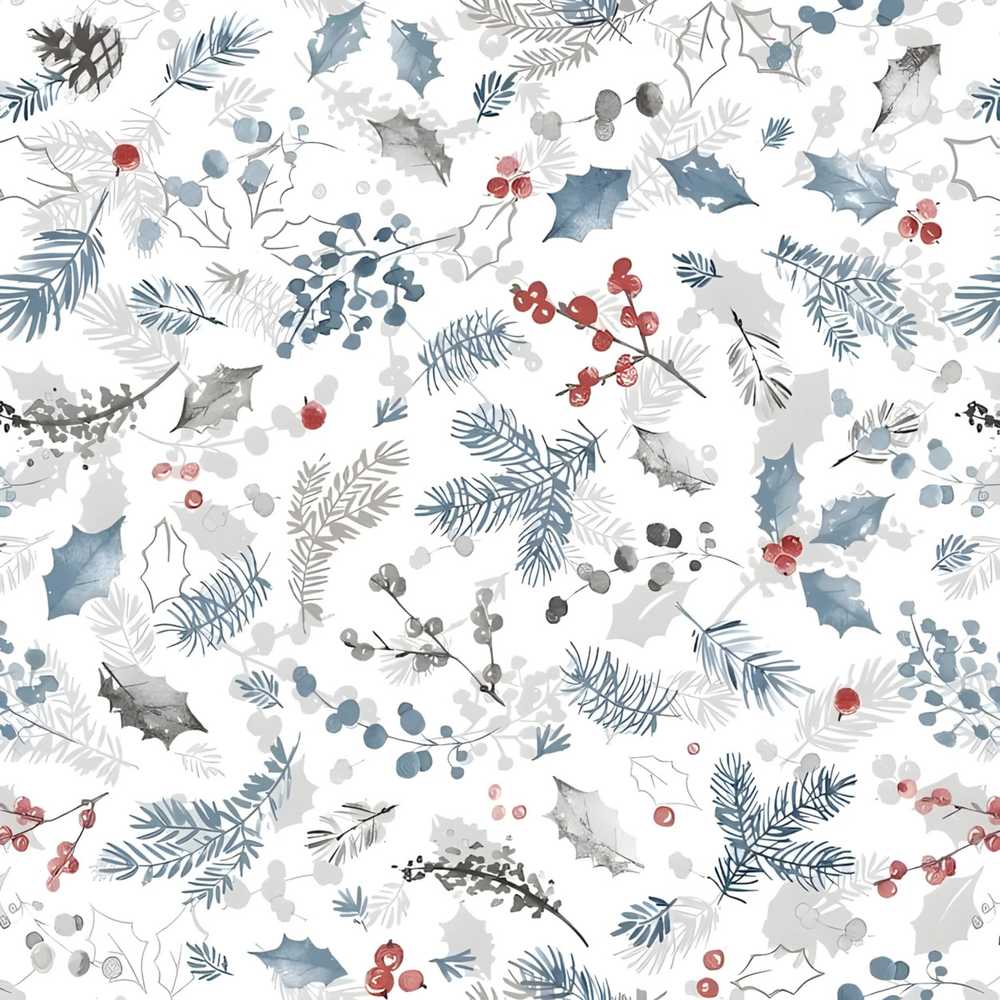 Winter Botanical Leaves Pine Branch Blue Tones Wildflower Pattern