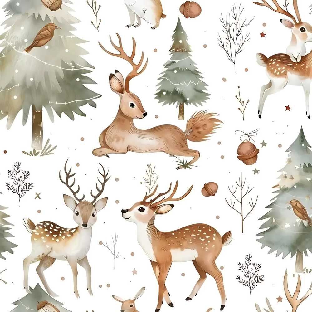 Woodland Deer Forest Trees Cute Winter Decorative Repeat