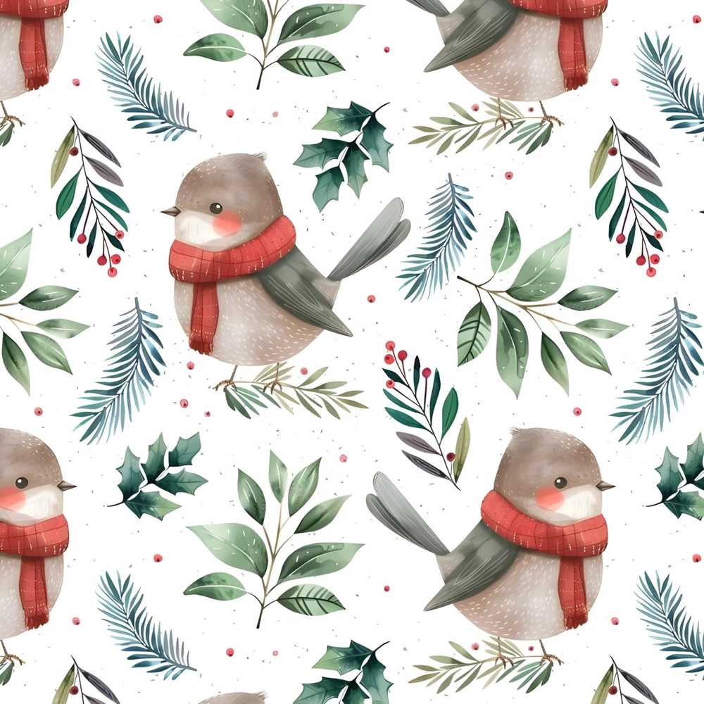 Cute Winter Birds with Scarf and Botanical Leaves Wildflower