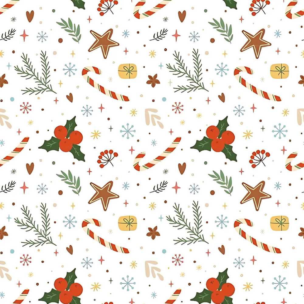 Minimal Christmas Candy Cane Holly Leaves Wildflower Pattern Botanical