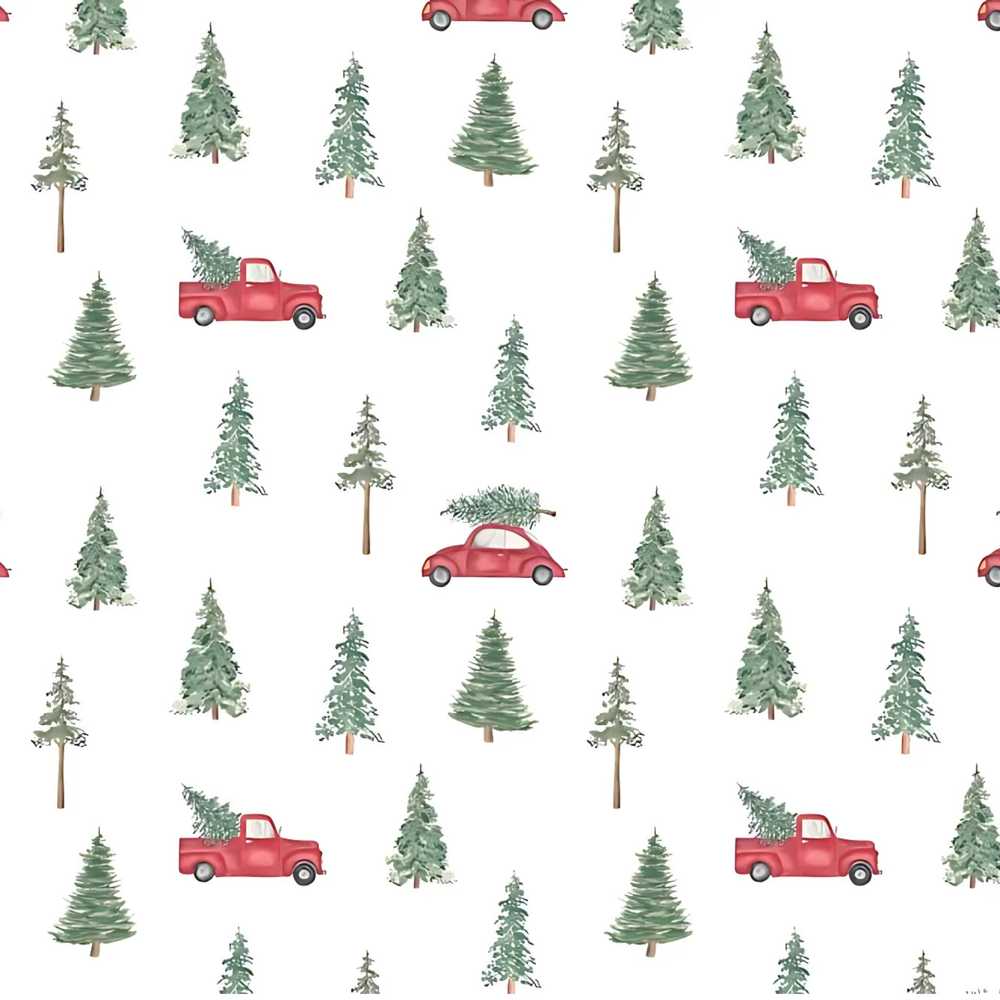 Watercolor Christmas Trees Red Truck Winter Forest Festive