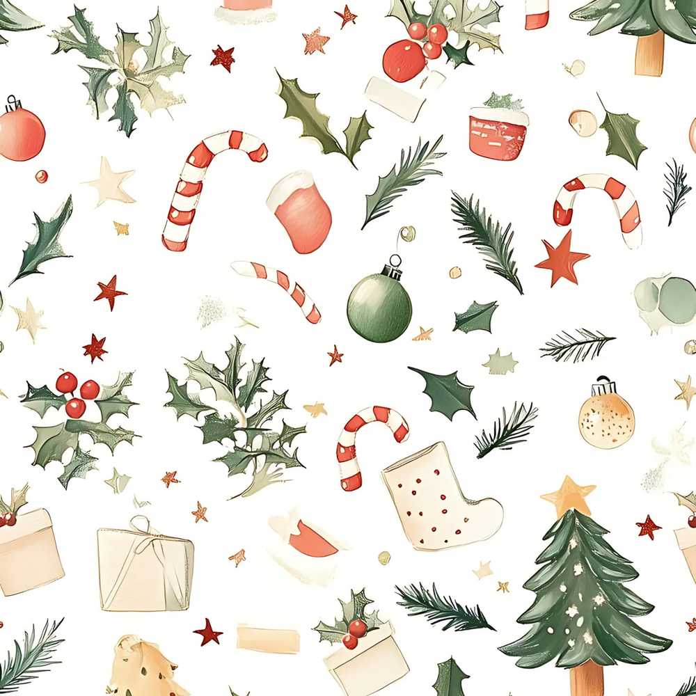 Festive Holly Leaves Candy Cane Baubles Wildflower Pattern Botanical
