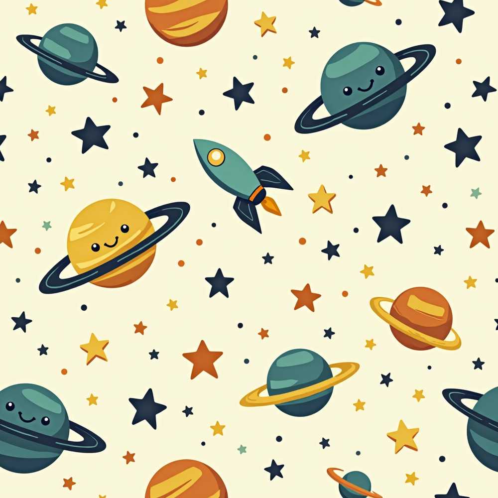 Cute Space Planets Stars Rocket Cosmic Illustration Pattern