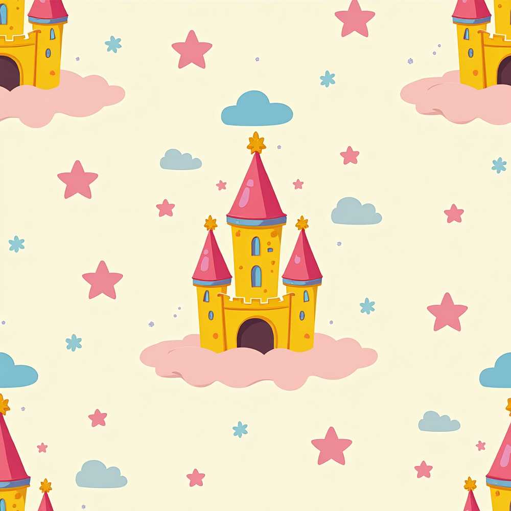 Cute Fantasy Castle Clouds Stars Decorative Repeat Pattern