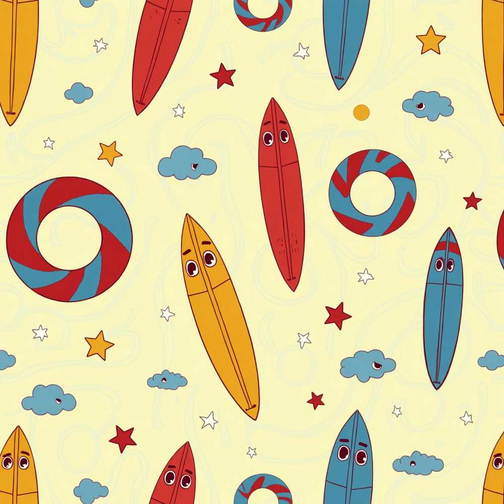 Cute Surfboards Lifebuoys Clouds and Stars Fun Summer Beach