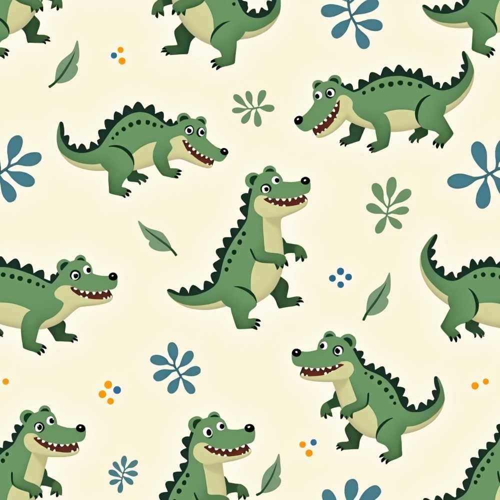 Cute Cartoon Crocodiles Jungle Leaves Playful Animal Wildflower Pattern