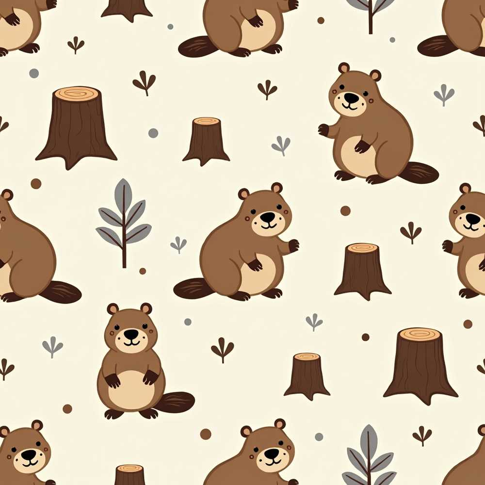 Cute Beavers Forest Trees Woodland Animals Illustration Repeat