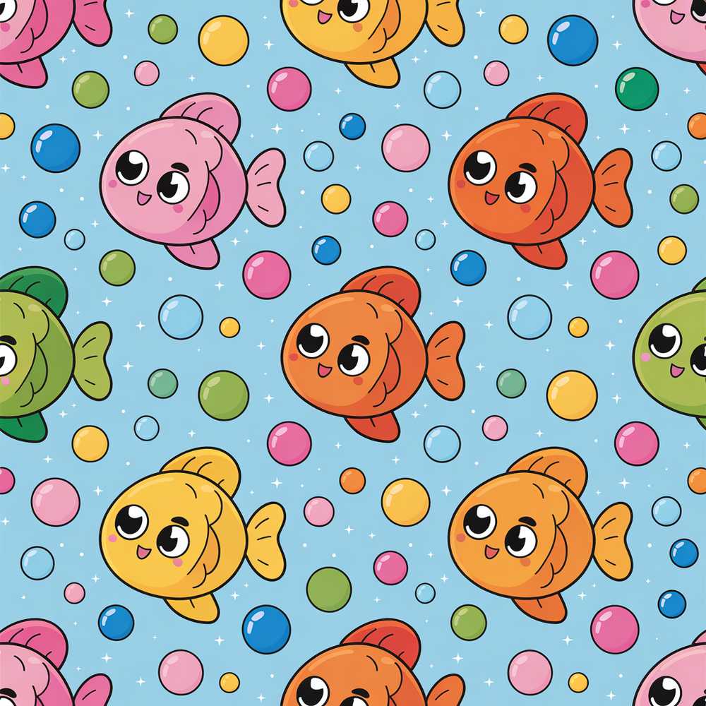 Cute Colorful Fish Bubbles Underwater Kawaii Coastal Illustration