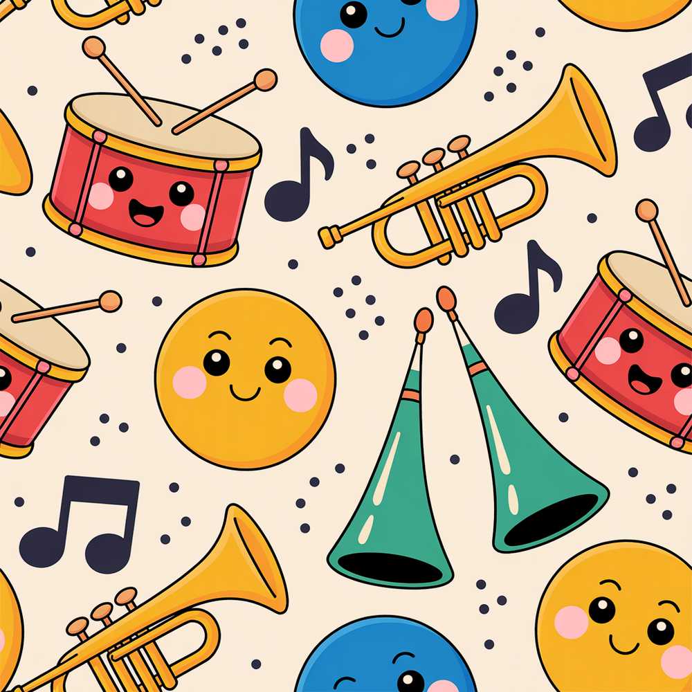 Cute Musical Instruments Notes Cartoon Fun Decorative Repeat
