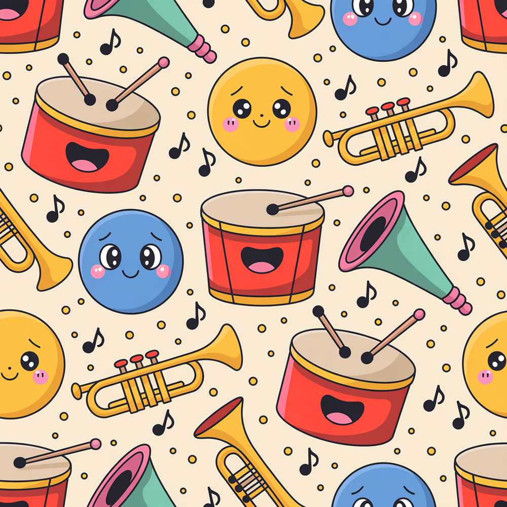 Cute Musical Instruments Notes Cartoon Fun Decorative Repeat